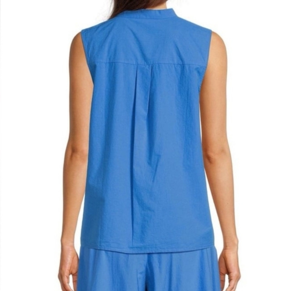 Eileen Fisher Washed Organic Calypso Cotton Poplin Blue Mandarin Collar Shirt - Picture 2 of 11